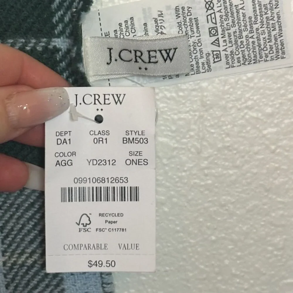 NWT J. Crew Rectangle Plaid Scarf Womens OS Fringe Preppy Green Powder Blue New